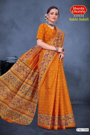 Sakhi Saheli Cotton Saree in Orange Color with Simple and Unique Design