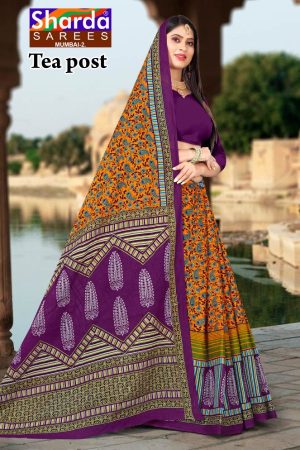 Tea Post Vol-2 Cotton Saree with Orange and Royal Purple – Stunning Bold Design