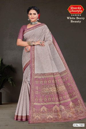 White Berry Beauty cotton saree in white and light dull purple with simple design