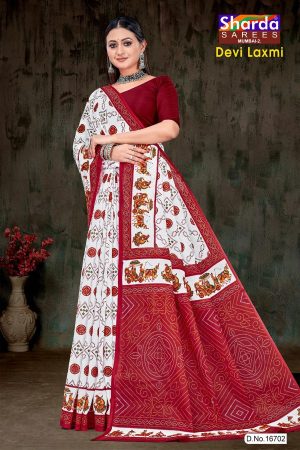 Devi Laxmi Cotton Saree with White and Red Bandhani Design