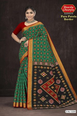 Paro Patola Border cotton saree in peacock green and dark red with bandhani pattern design