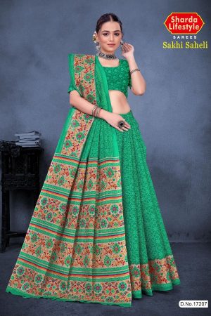 Sakhi Saheli Cotton Saree in Green Color with Simple and Unique Design