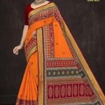 Paro Patola Border cotton saree in orange and dark red with bandhani pattern design