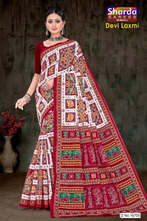 Devi Laxmi Cotton Saree with White, Red, and Green Bandhani Design