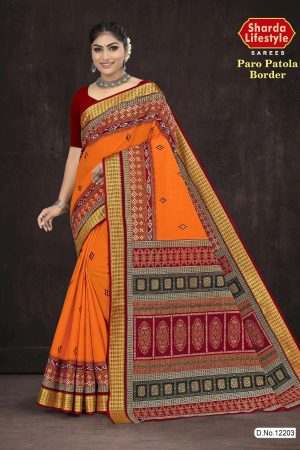 Paro Patola Border cotton saree in orange and dark red with bandhani pattern design