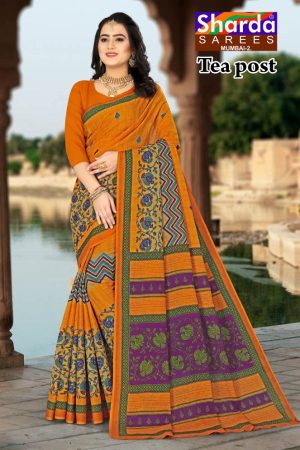 Tea Post Vol-2 Cotton Saree with Orange and Magenta – Stunning Bold Design