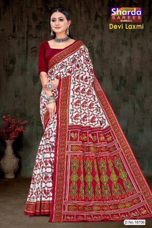 Devi Laxmi Cotton Saree with White, Red, and Mehndi Bandhani Design