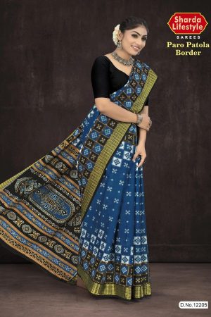 Paro Patola Border cotton saree in blue and black with bandhani pattern design