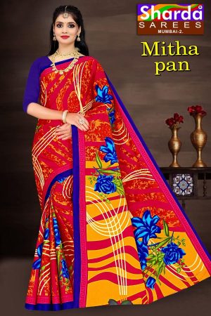 SHARDA - MITHA PAN Cotton Saree in Red and Yellow with Simple Flower Design