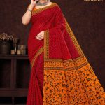 Red and orange Walking Street Varli cotton saree with human design accent