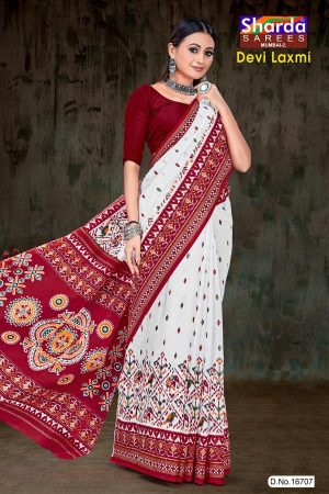 Devi Laxmi Cotton Saree with White, Red, and Orange Bandhani Design