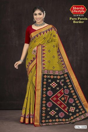 Paro Patola Border cotton saree in light mehndi and black with bandhani pattern design