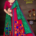 SHARDA - MITHA PAN Cotton Saree in Green and Red with Simple Flower Design