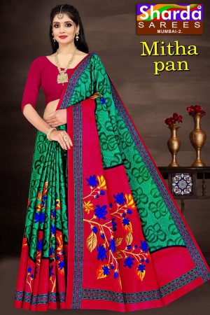 SHARDA - MITHA PAN Cotton Saree in Green and Red with Simple Flower Design