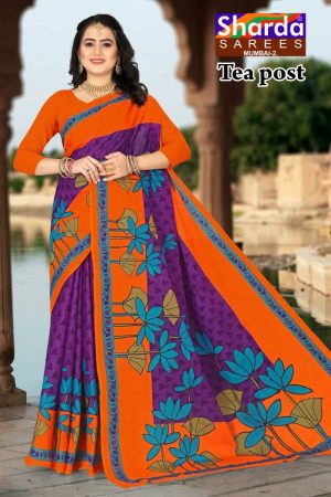 Tea Post Vol-2 Cotton Saree with Orange and Purple – Stunning Bold Design