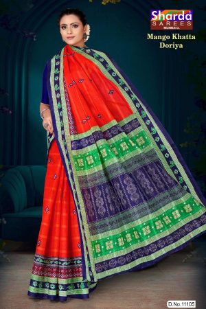 Mango Khatta Doriya orange and green cotton saree with traditional bandhani design