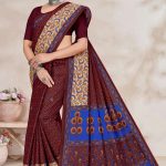 Close-up of blue floral and leaf design on Shagun Malai cotton saree with maroon base