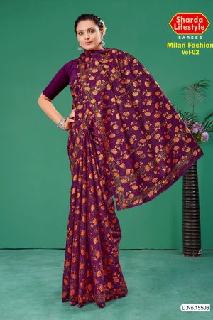 Milan Fashion Vol.02 cotton saree in purple and copper with floral design