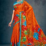 Tulip Garden Cotton Saree with Orange and Blue with Flower Design