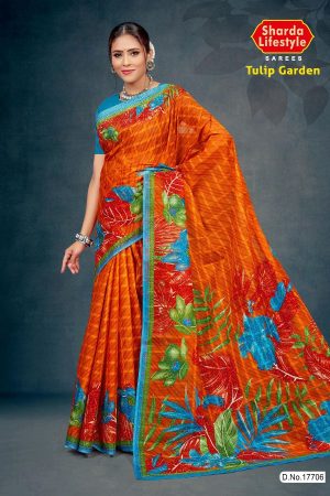 Tulip Garden Cotton Saree with Orange and Blue with Flower Design