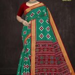 Paro Patola Border cotton saree in peacock green and dark red with bandhani pattern design