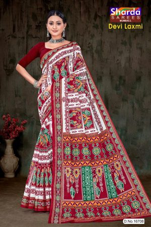 Devi Laxmi Cotton Saree with White, Red, and Green Bandhani Design