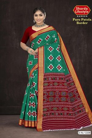 Paro Patola Border cotton saree in peacock green and dark red with bandhani pattern design