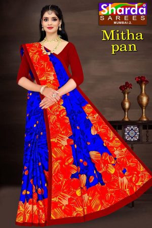 SHARDA - MITHA PAN Cotton Saree in Blue and Orange with Simple Flower Design