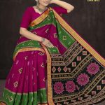 Paro Patola Border cotton saree in dark pink and green with bandhani pattern design