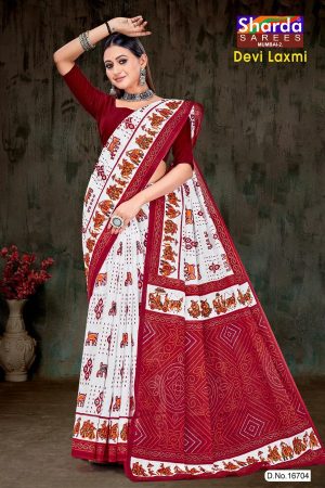 Devi Laxmi Cotton Saree with White and Red Bandhani Design