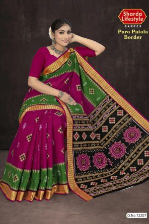 Paro Patola Border cotton saree in dark pink and green with bandhani pattern design