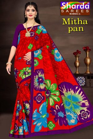 SHARDA - MITHA PAN Cotton Saree in Red and Magenta with Simple Flower Design