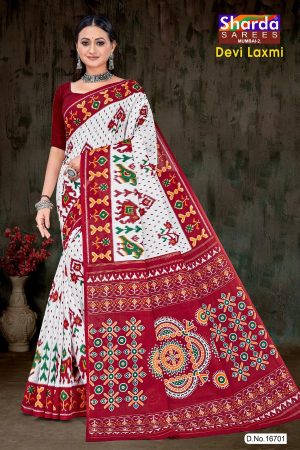 Devi Laxmi Cotton Saree with White, Red, and Green Bandhani Design