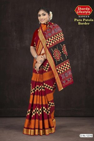 Paro Patola Border cotton saree in orange and dark red with bandhani pattern design