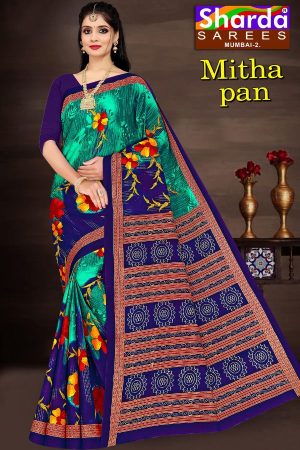 SHARDA - MITHA PAN Cotton Saree in Green and Navy Blue with Simple Flower Design