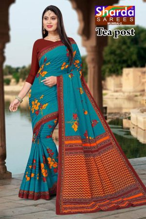 Tea Post Vol-2 Cotton Saree with Blue and Dark Red – Stunning Bold Design