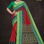 Paro Patola Border cotton saree in light green and dark red with bandhani pattern design