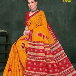 Florence Chokda Cotton Saree with Orange and Red Color and Artistic Design