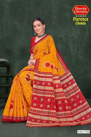 Florence Chokda Cotton Saree with Orange and Red Color and Artistic Design