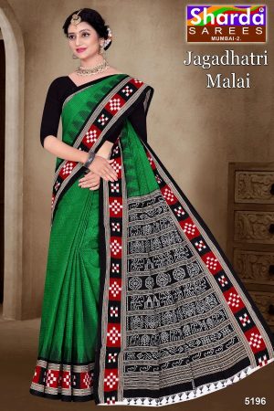 Jagadhatri Malai Cotton Saree with Green and Black Premium Design