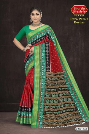 Paro Patola Border cotton saree in light green and dark red with bandhani pattern design