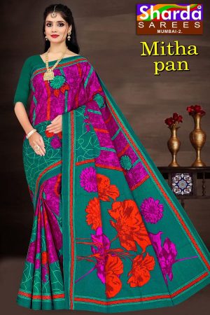 SHARDA - MITHA PAN Cotton Saree in Dark Green and Purple with Simple Flower Design