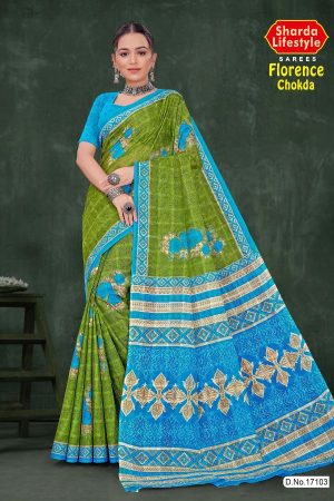 Florence Chokda Cotton Saree with Green and Sky Blue Color and Artistic Design