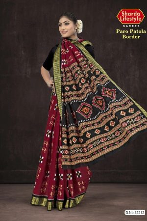 Paro Patola Border cotton saree in maroon and black with bandhani pattern design