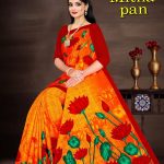 SHARDA - MITHA PAN Cotton Saree in Orange and Red with Simple Flower Design