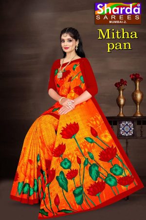 SHARDA - MITHA PAN Cotton Saree in Orange and Red with Simple Flower Design