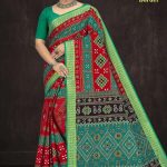 Paro Patola Border cotton saree in green and red with bandhani pattern design