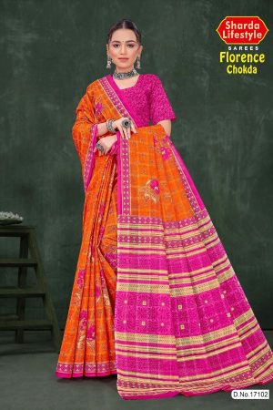 Florence Chokda Cotton Saree with Orange and Pink Color and Artistic Design