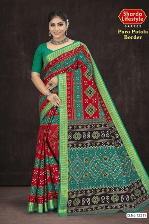 Paro Patola Border cotton saree in green and red with bandhani pattern design