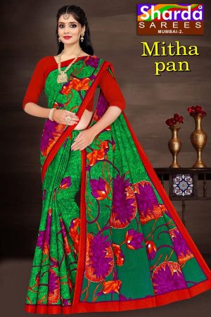 SHARDA - MITHA PAN Cotton Saree in Green and Purple with Simple Flower Design